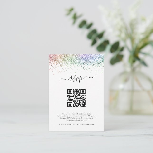 Tarjeta De Recepción Mini Purpurina arcoiris QR Boda de código RSVP (Anverso de pie)