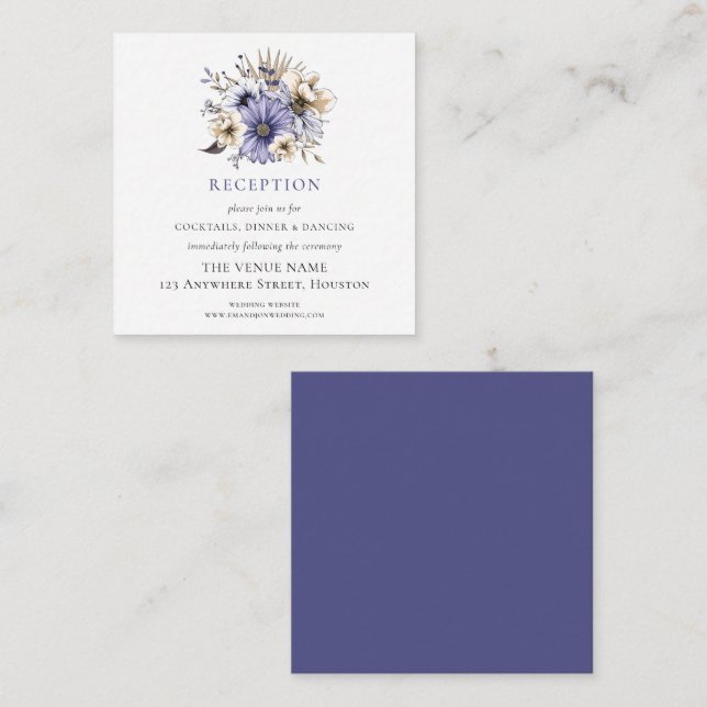 Tarjeta De Recepción MINI TAMAÑO Púrpura Florales Detalles de la recepc (Anverso / Reverso)