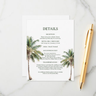 Tarjeta De Recepción Minimal Beach Palm Trees Wedding Details Card
