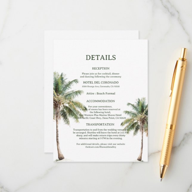 Tarjeta De Recepción Minimal Beach Palm Trees Wedding Details Card (Anverso/Reverso In Situ)