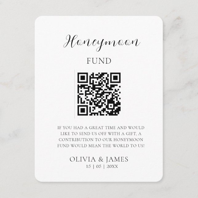 Tarjeta De Recepción Minimal Honeymoon Fund Request QR Code Card (Anverso)