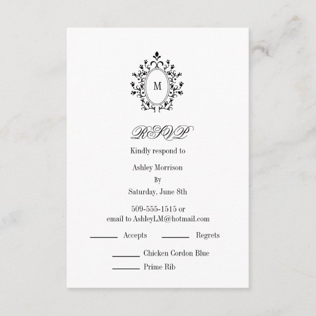 Tarjeta De Recepción Minimal RSVP card Monogram With 2 Entree Choice (Anverso)