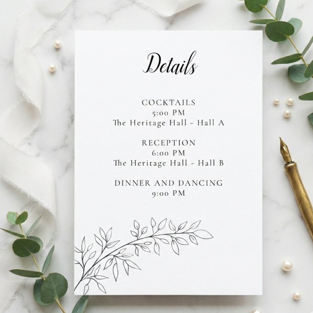 Tarjeta De Recepción Minimalist Botanical Wedding Details Card Black (Subido por el creador)
