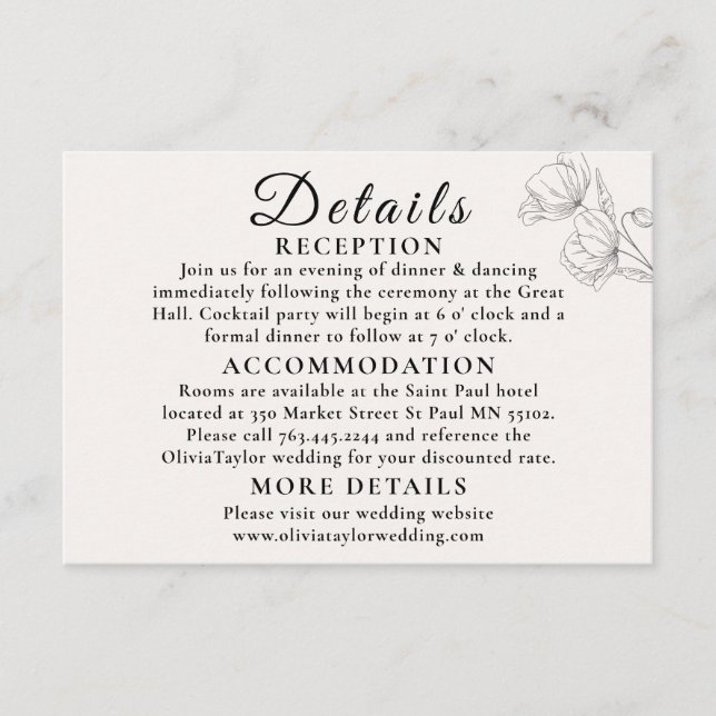 Tarjeta De Recepción Minimalist Floral Line Art Wedding Enclosure Card  (Anverso)