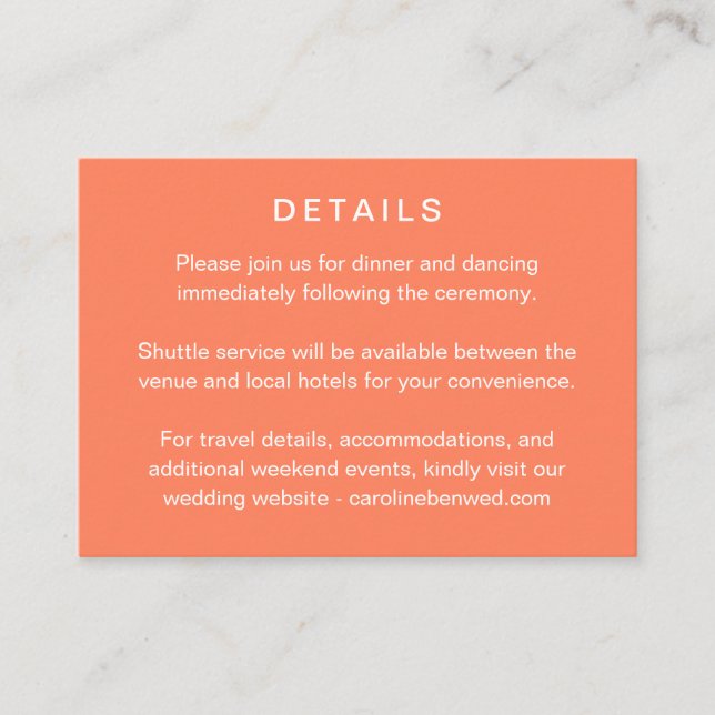 Tarjeta De Recepción Minimalist Modern Tangerine Wedding Details (Anverso)