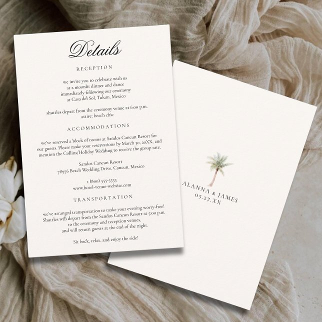 Tarjeta De Recepción Minimalist Neutral Tropical Beach Wedding Details (Subido por el creador)