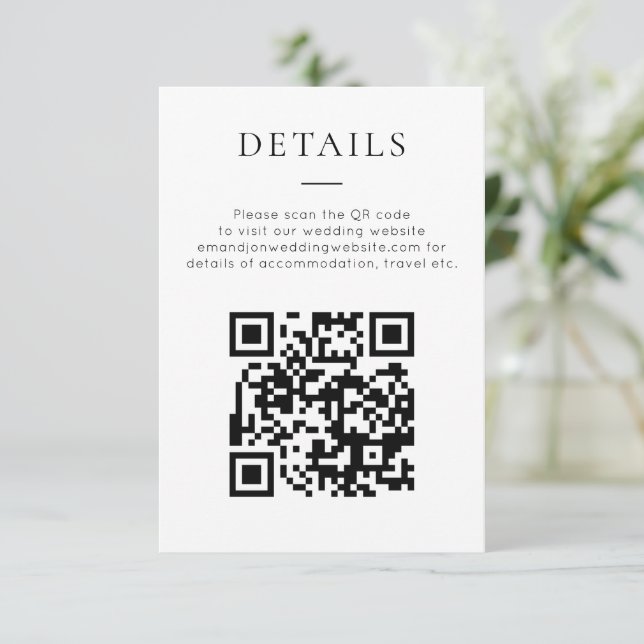 Tarjeta De Recepción Minimalist QR Code Black White Wedding Details (Anverso de pie)