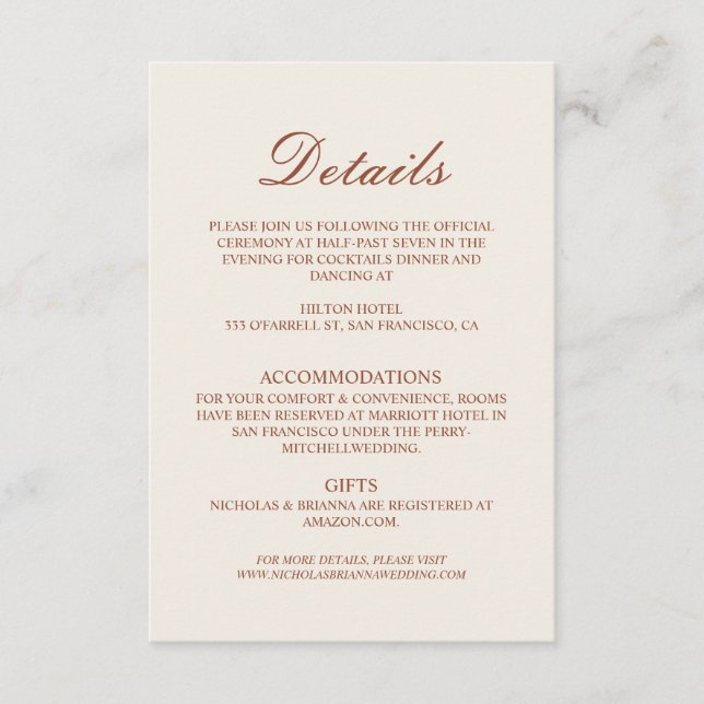 Tarjeta De Recepción Minimalist Terracotta Wedding Details (Anverso)