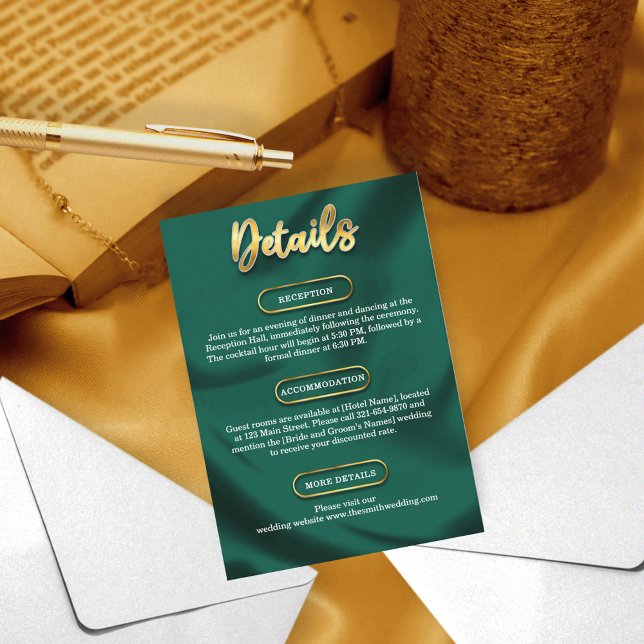 Tarjeta De Recepción Minimalist Wedding Details  Emerald Green & Gold  (Subido por el creador)