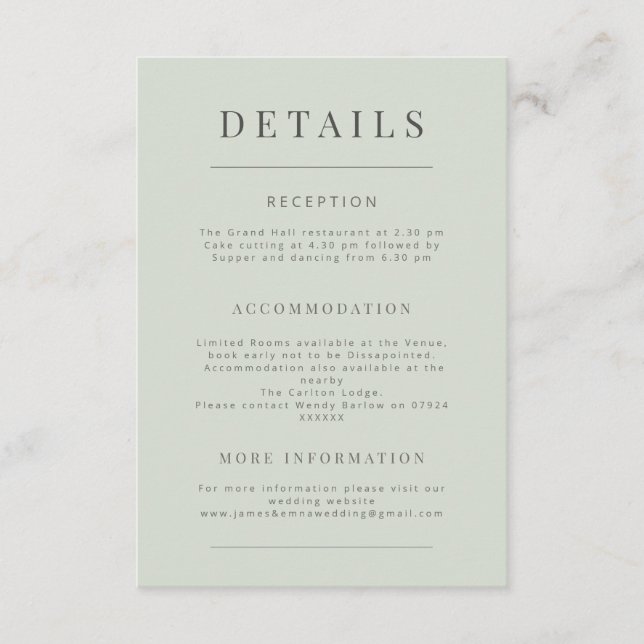 Tarjeta De Recepción Minimalist Wedding Details Pale Sage (Anverso)