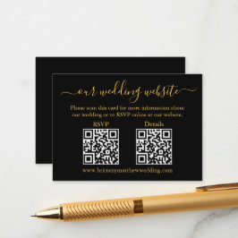 Tarjeta De Recepción Minimalista 2 QR Boda RSVP Detalles Negro Oro