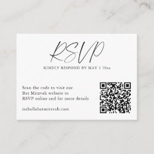 Tarjeta De Recepción Minimalista Bat Mitzvah Moderno Blanco Negro QR