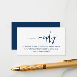 Tarjeta De Recepción Minimalista moderno, escritura azul marina, RSVP e