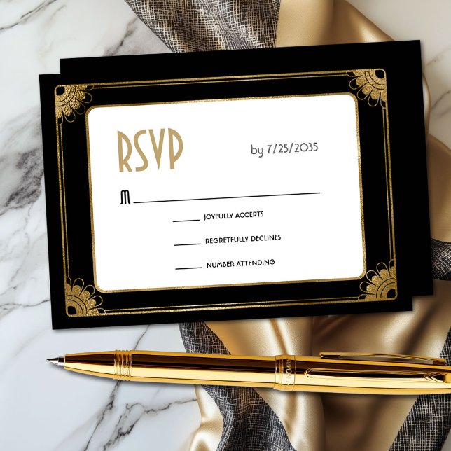Tarjeta De Recepción Mínimo Black Gold Art Deco Boda Floral RSVP (Elegant minimal black and gold art deco wedding RSVP flat card)