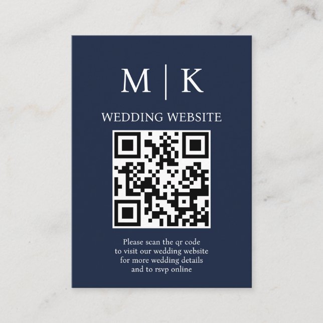 Tarjeta De Recepción Mínimo y Moda |Boda de código QR azul de la Marina (Anverso)