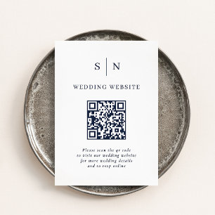 Tarjeta De Recepción Mínimo y Moda Boda de código QR blanco y naval