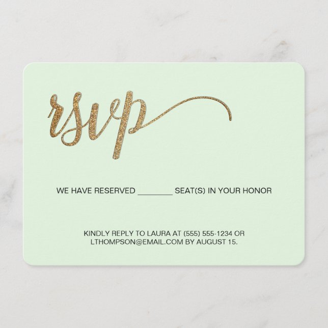 Tarjeta De Recepción Mint green faux gold Asiento reservado RSVP sin co (Anverso)