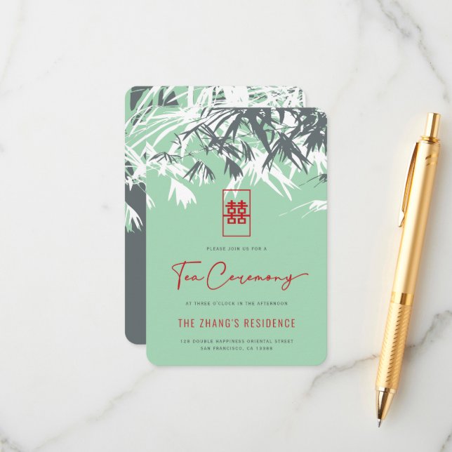 Tarjeta De Recepción Mint Green Zen Bamboo deja ceremonia de té china (Anverso/Reverso In Situ)