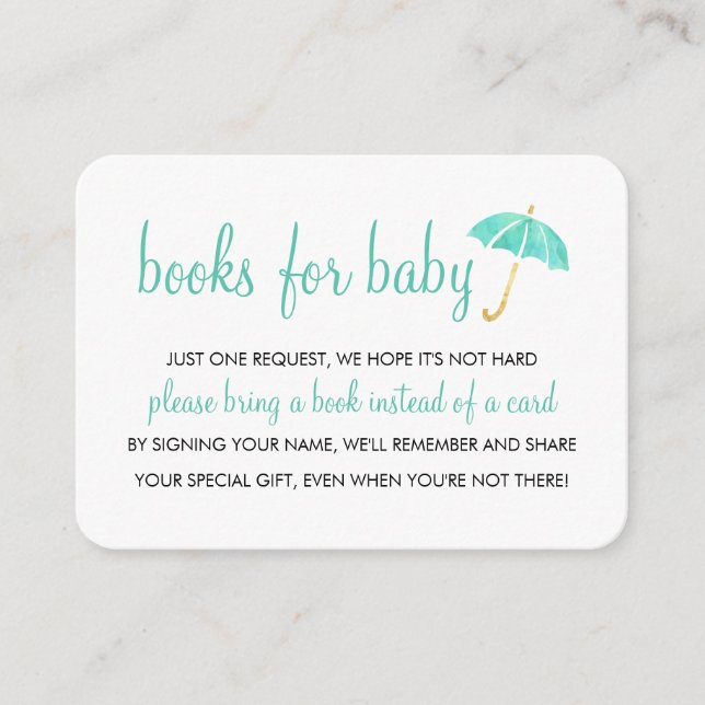 Tarjeta De Recepción Mint Umbrella Baby Shower | Libros para insertar b (Anverso)