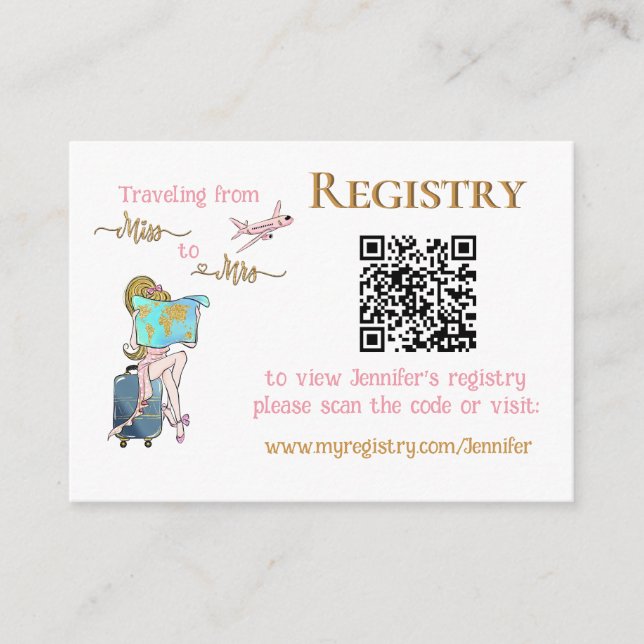 Tarjeta De Recepción Miss Viajero a la Sra. Bridal Shower Registry QR (Anverso)