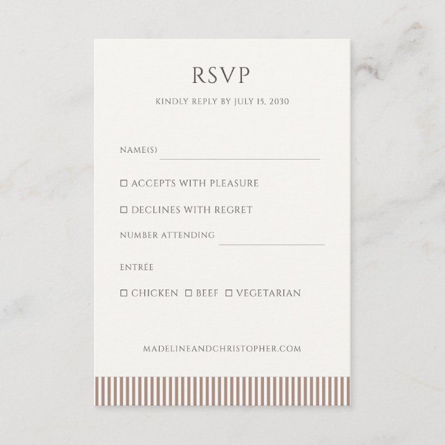 Tarjeta De Recepción Mocha Brown Stripe Minimalist Wedding RSVP (Anverso)