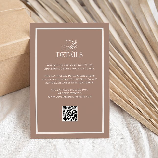 Tarjeta De Recepción Mocha with Border | QR Code Wedding Guest Details (Subido por el creador)