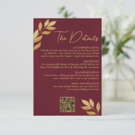 Tarjeta De Recepción Mod Leaves Burgundy Gold Wedding Details QR Code