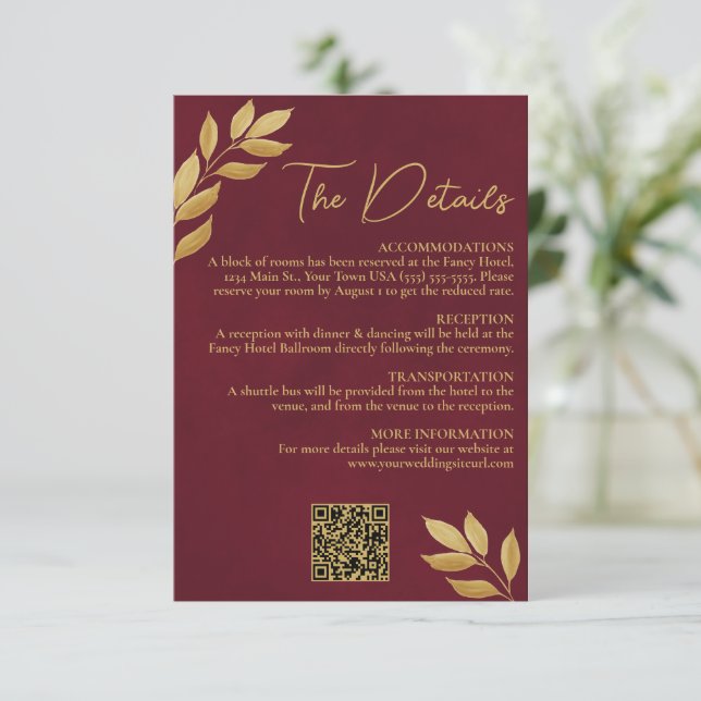 Tarjeta De Recepción Mod Leaves Burgundy Gold Wedding Details QR Code (Anverso de pie)