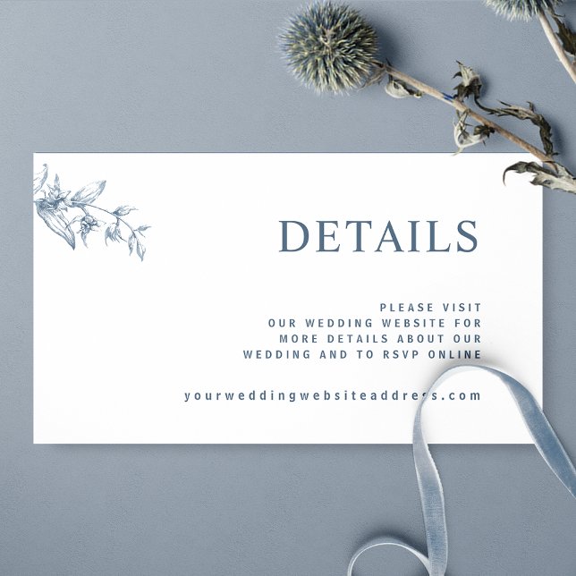 Tarjeta De Recepción Moda Boda blanco y azul Sitio web / Detalles (Subido por el creador)