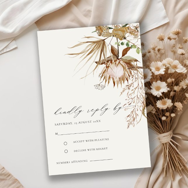Tarjeta De Recepción Moda Boho Protea Sequedad Palm Floral Wedding RSVP (Subido por el creador)