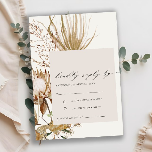 Tarjeta De Recepción Moda Boho Protea Sequedad Palm Floral Wedding RSVP (Subido por el creador)