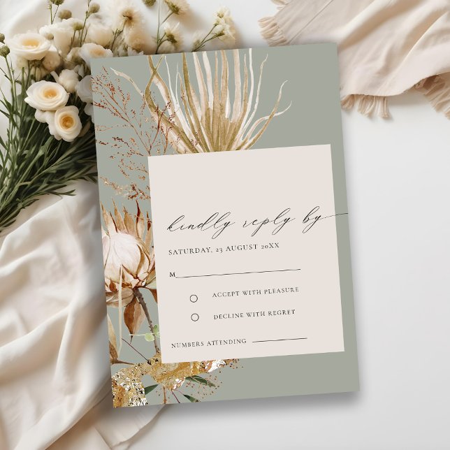 Tarjeta De Recepción Moda Boho Protea Sequedad Palm Floral Wedding RSVP (Subido por el creador)
