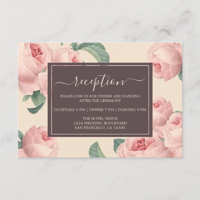 Tarjeta De Recepción Moda Borgoña Boda floral rosa blanquecino (Anverso)