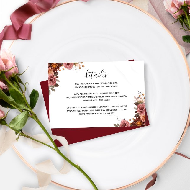 Tarjeta De Recepción Moda Borgoña, Rubor, detalles del Boda floral rosa (Subido por el creador)