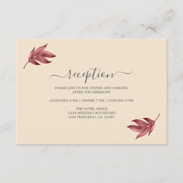 Tarjeta De Recepción Moda Burgundy Leaf Marfil Acogida Mínima de Boda (Anverso)