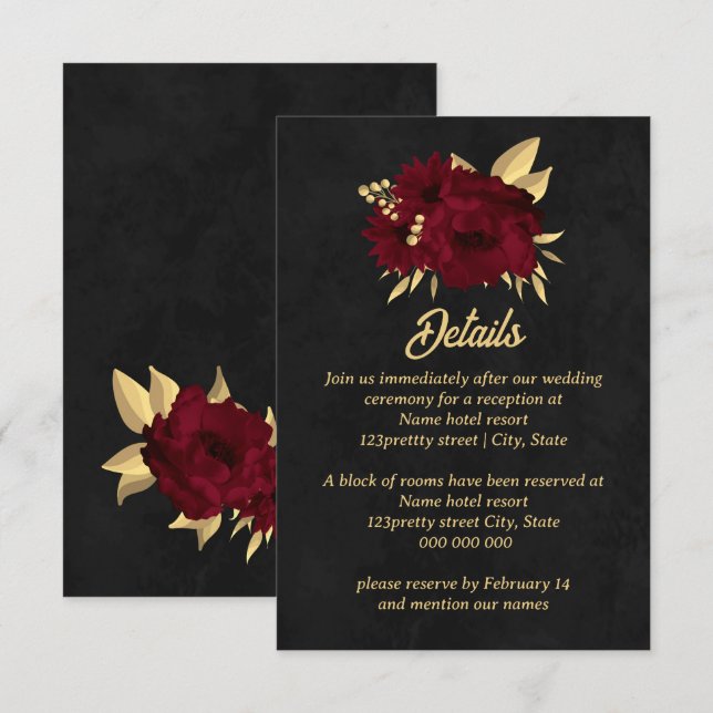 Tarjeta De Recepción Moda burgundy y boda negro dorado (Anverso / Reverso)