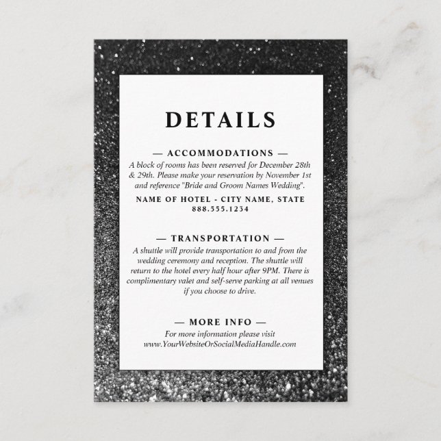 Tarjeta De Recepción Moda de Glam Blanco y Negro Purpurina Boda moderna (Anverso)