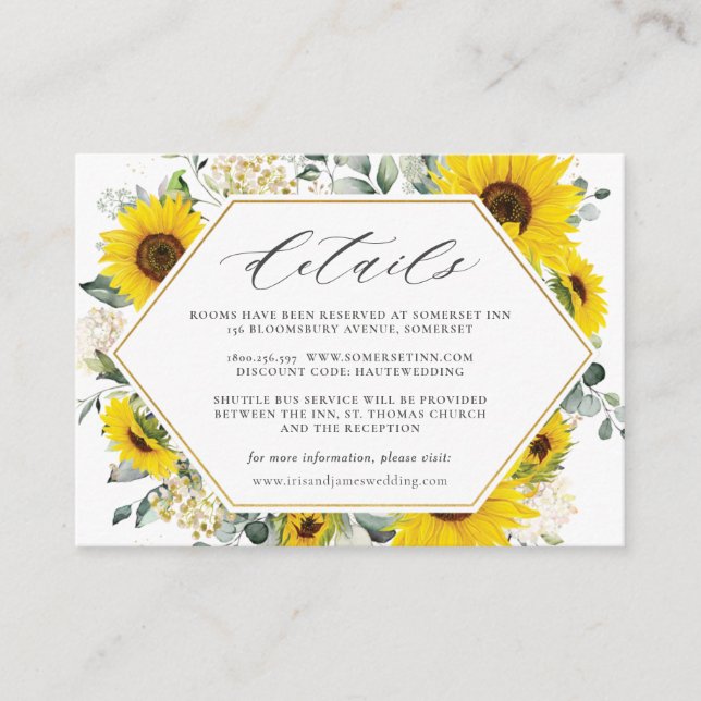 Tarjeta De Recepción Moda Detalles del Boda floral de girasol moderno (Anverso)