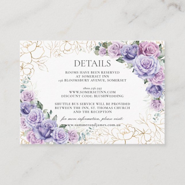 Tarjeta De Recepción Moda Detalles del Boda Floral Purple Lilac Lavende (Anverso)