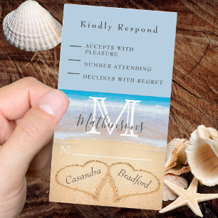 Tarjeta De Recepción Moda Dusty Blue Hearts Sand RSVP Beach Wedding