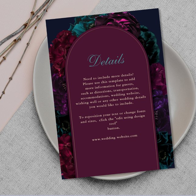 Tarjeta De Recepción Moda elegantes tonos de joyas detalles de boda flo (Subido por el creador)
