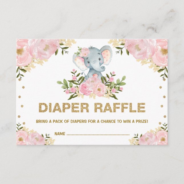 Tarjeta De Recepción Moda Elephant Rubor Gold Floral Baby Diaper Raffle (Anverso)
