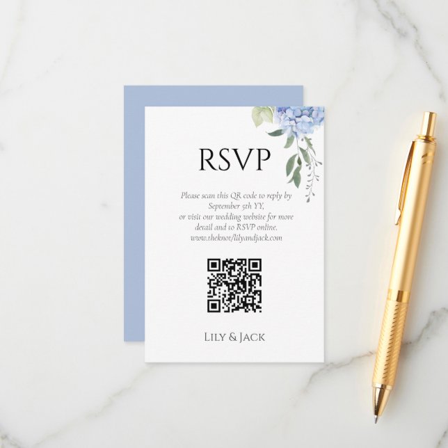 Tarjeta De Recepción Moda Floral Dusty Blue Hydrangea Wedding RSVP (Anverso/Reverso In Situ)
