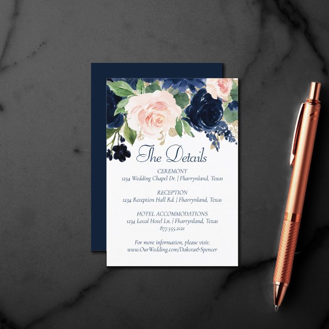 Tarjeta De Recepción Moda florece | Detalles del invitado de Navy Blue  (Subido por el creador)