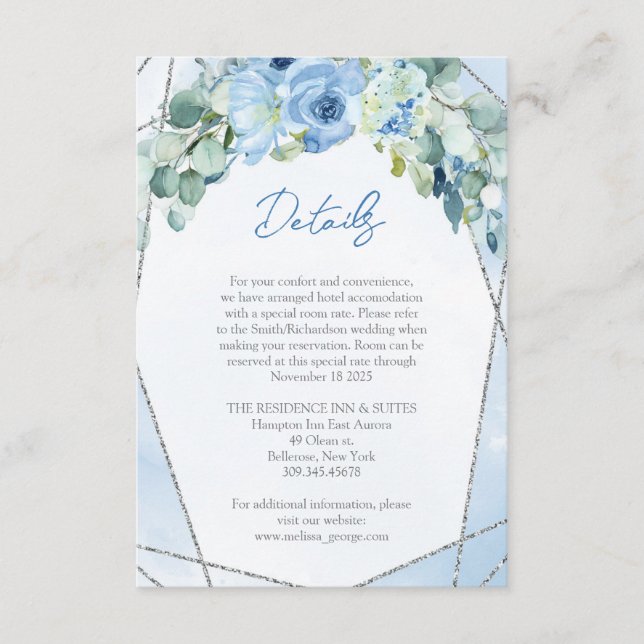Tarjeta De Recepción Moda flores azul pastel detalles eucaliptos (Anverso)