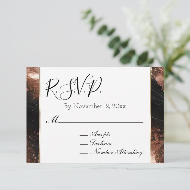 Tarjeta De Recepción Moda Glam Rosa Boda Negra RSVP (Anverso de pie)