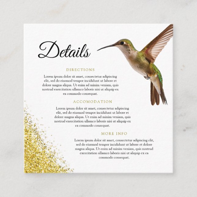 Tarjeta De Recepción Moda Green Hummingbird y Gold Dust Boda (Anverso)