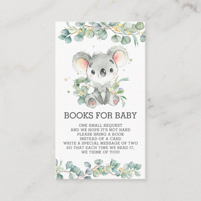 Tarjeta De Recepción Moda Greenery Eucalyptus Libros Koala para Niño (Anverso)