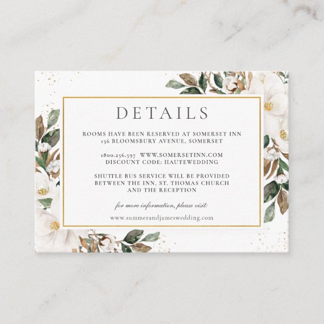 Tarjeta De Recepción Moda Magnolia Floral Greeneration Boda Detalles (Anverso)