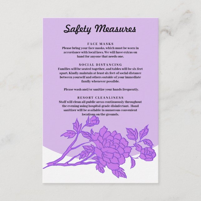 Tarjeta De Recepción Moda Medidas de Seguridad Morada Floral (Anverso)